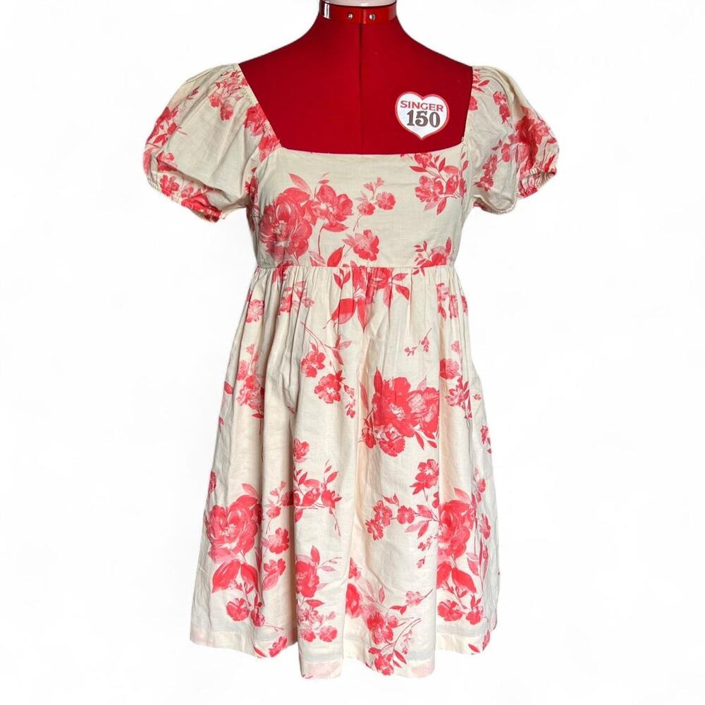 Pink Floral Babydoll Cotton Dress With Puff Sleeves Square Neck & Pockets Small